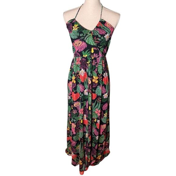 Betsey Johnson PAULINA TROPICAL PRINT HALTER MAXI DRESS IN RAVEN BLACK M - Picture 2 of 5